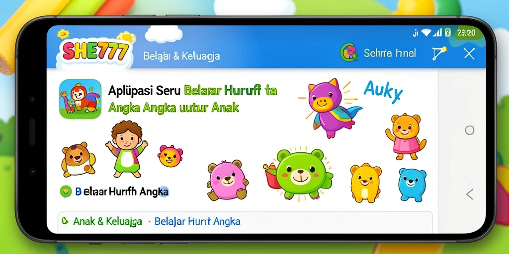Antarmuka aplikasi SHE777 yang ceria dan menarik untuk anak-anak.